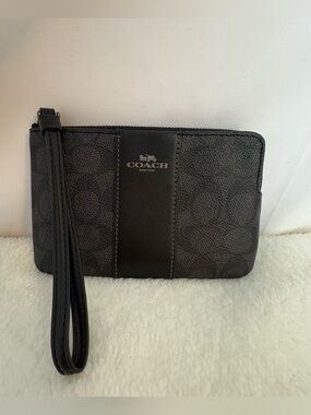 Coach Black Signature Canvas Wristlet with Leather Stripe